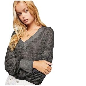 We The Free South Side Thermal Top Free People Waffle Knit V-Neck Gray XS